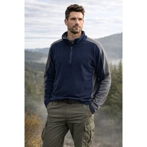 Cabela's Fleece Pullover Mens 3XL Navy Gray Grid Fleece Quarter Zip Gorpcore